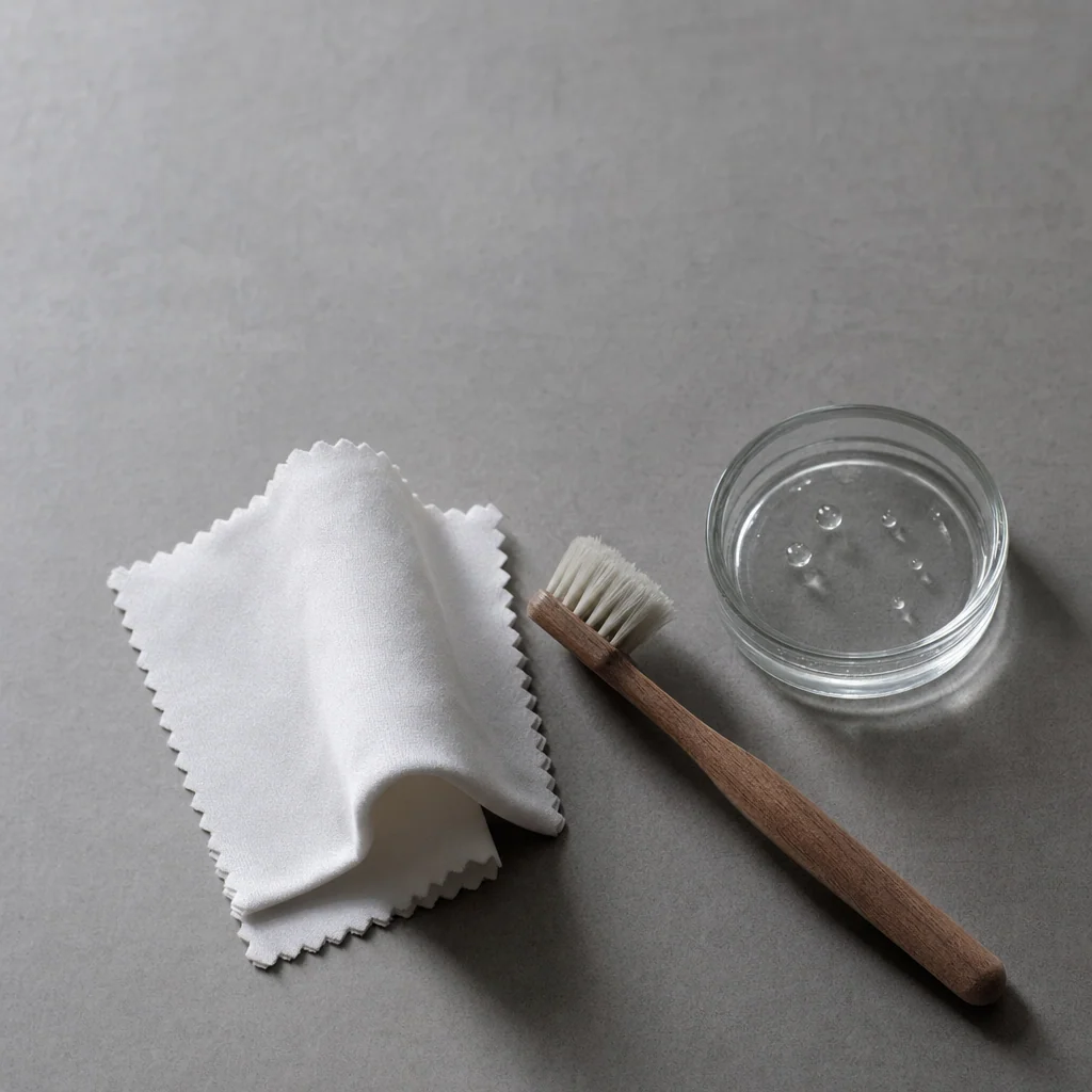 Atelier flat-lay of a polishing cloth and microfibre tools.