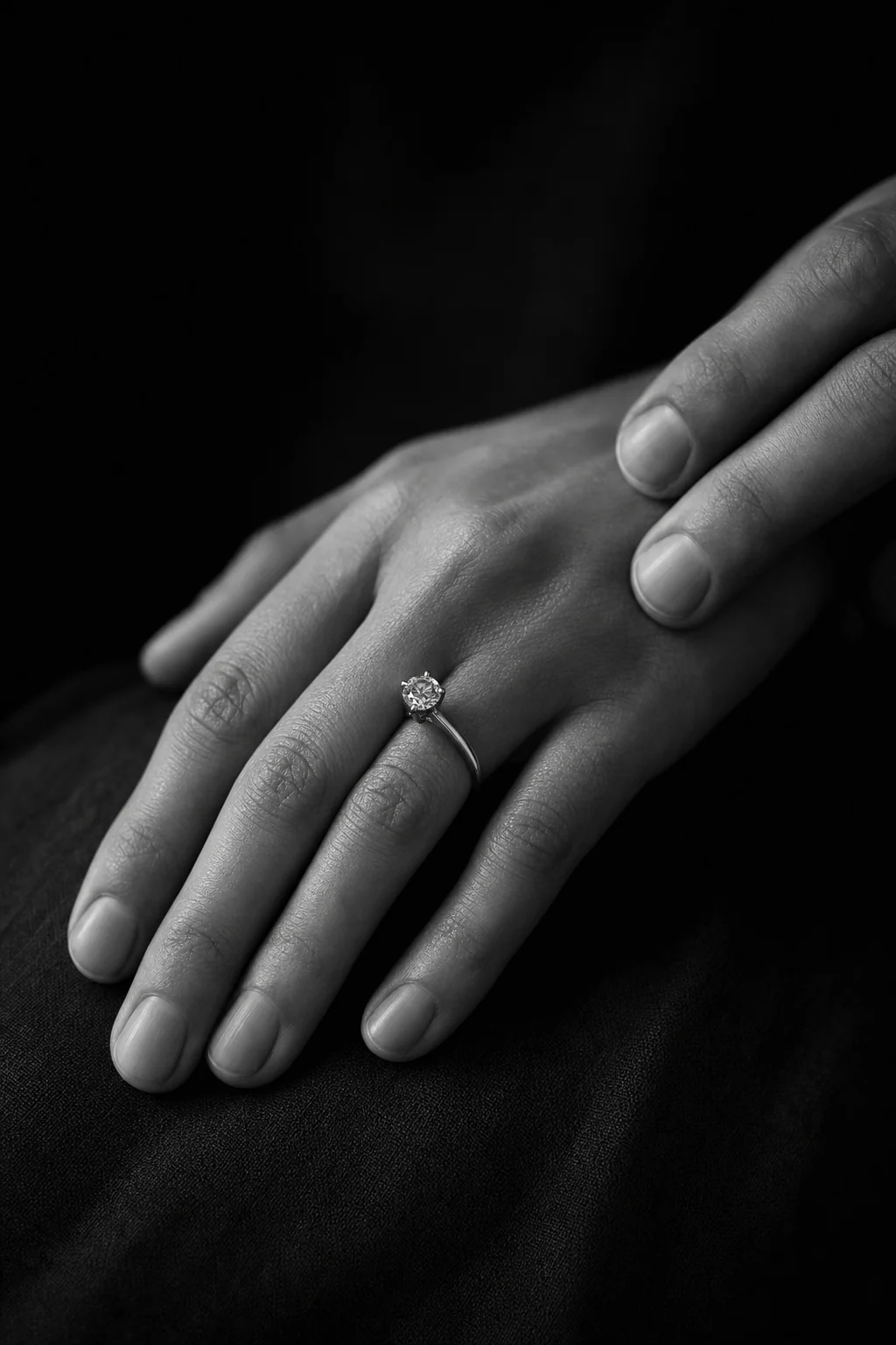 Hands cradling a ring on dark linen, black and white.