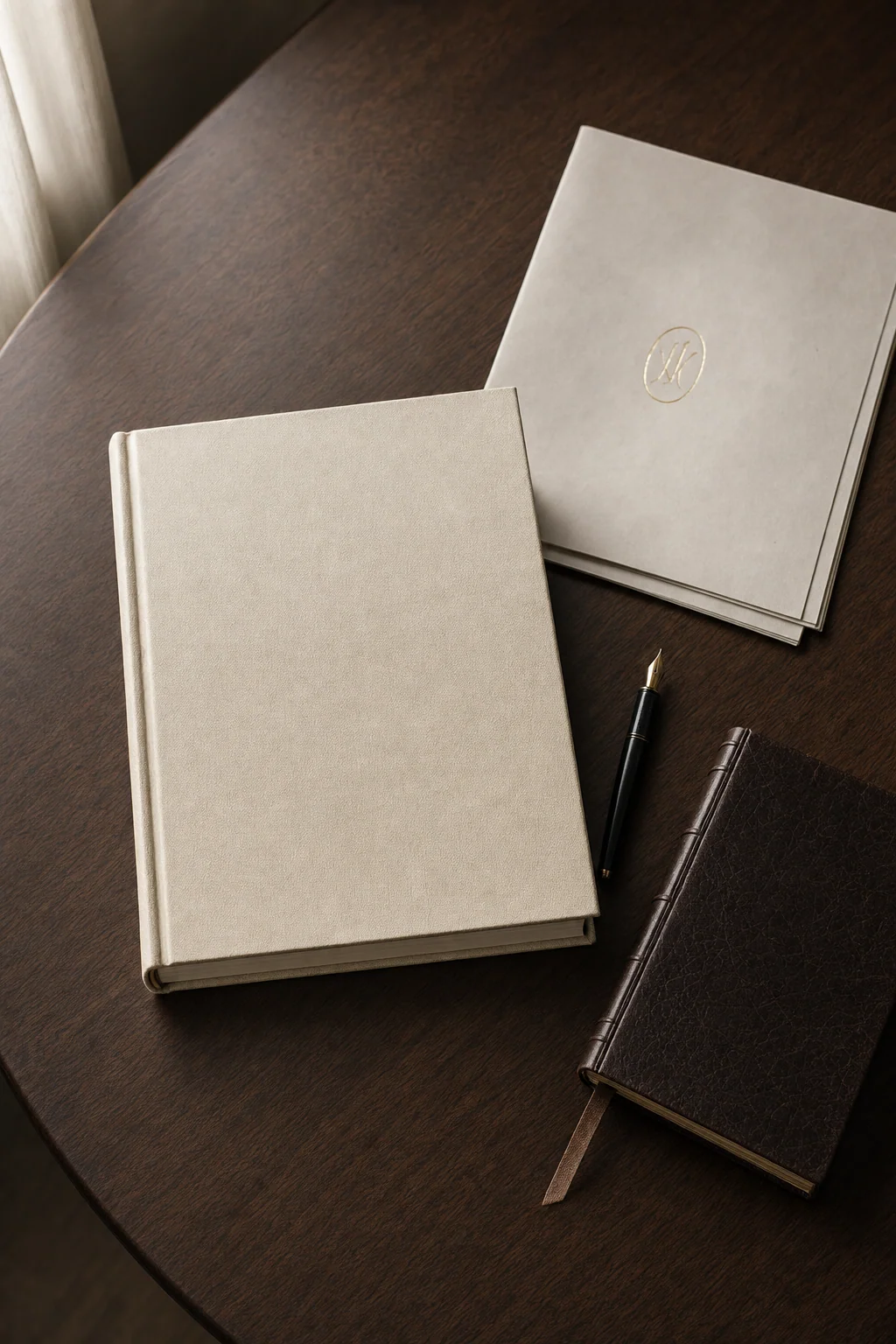 Editorial print materials and a leather notebook on a wooden surface.