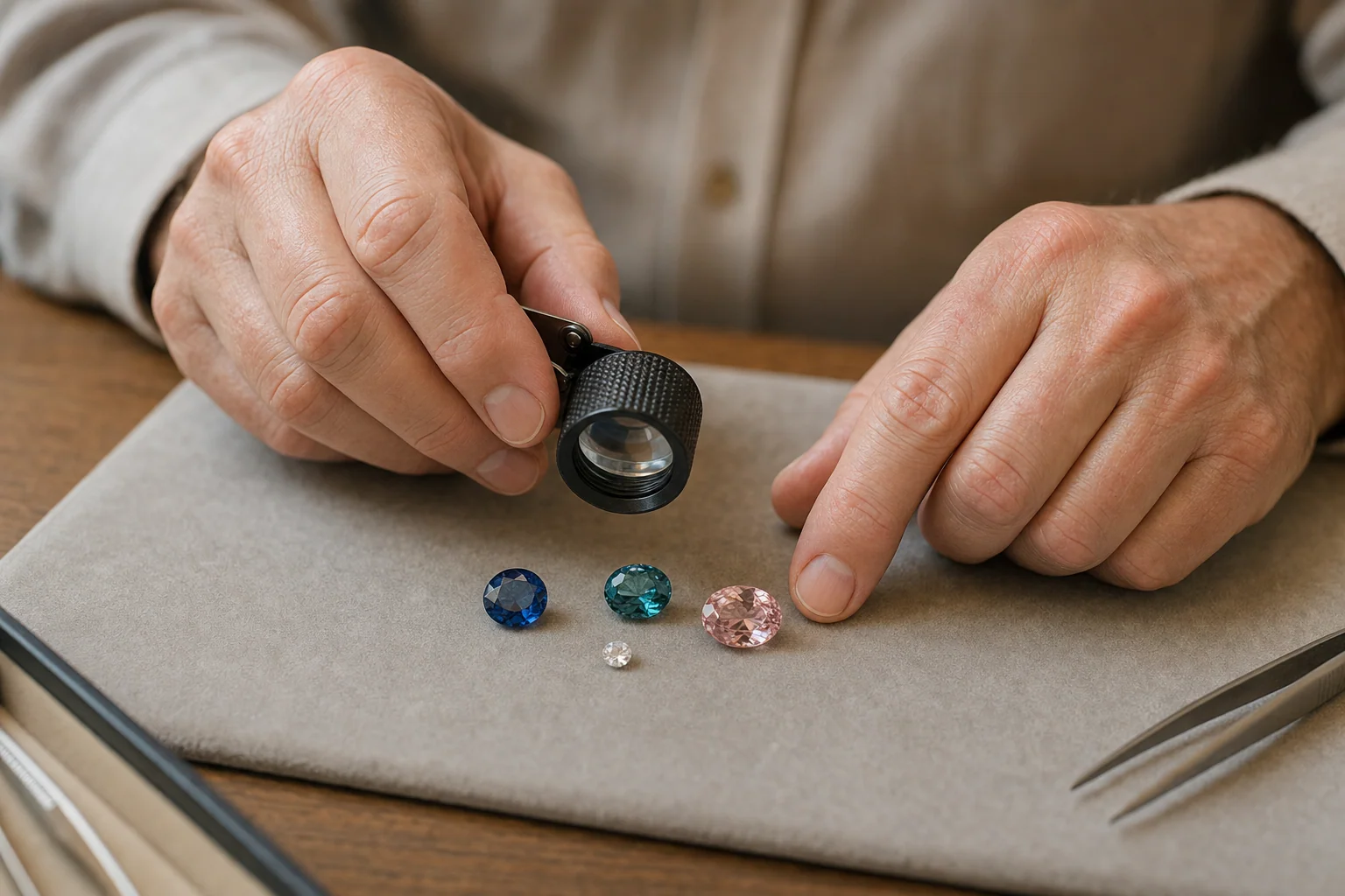Hands with a jeweler loupe over loose gemstones, gemological masterclass.
