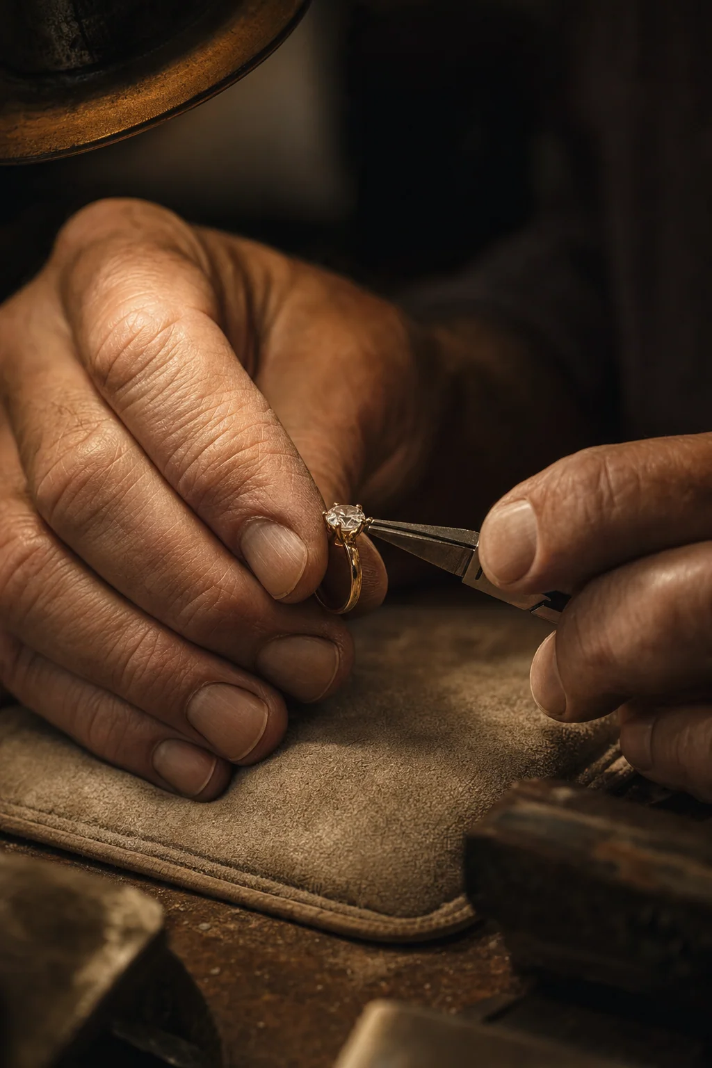 Hands setting a gemstone under a loupe, atelier close-up.