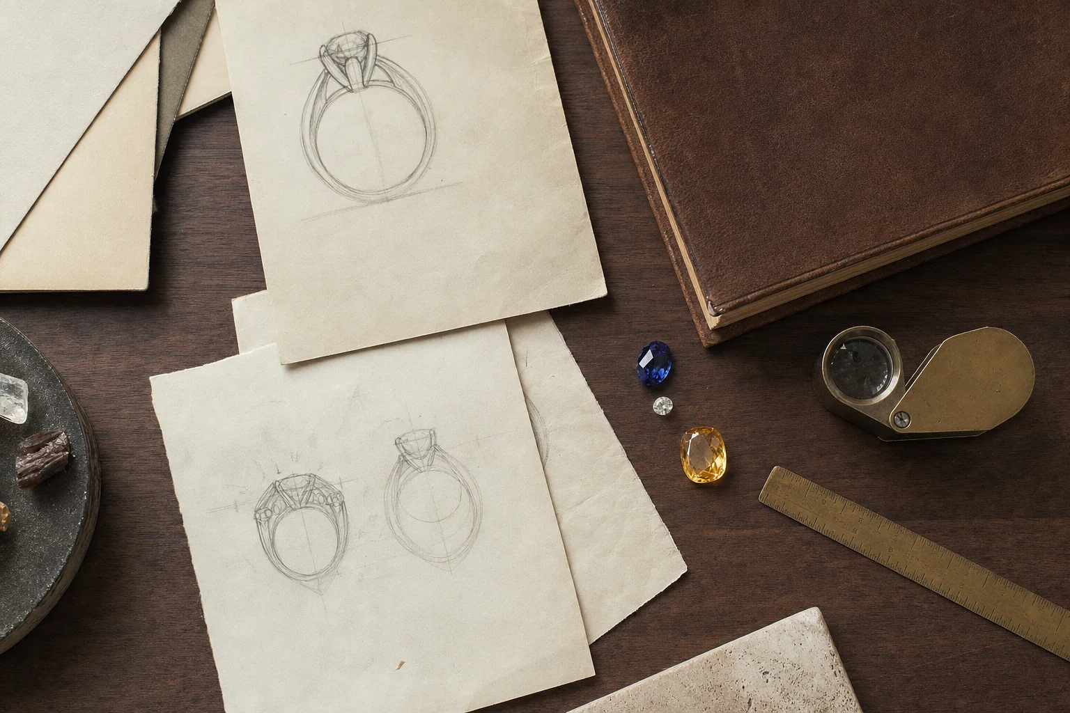 Editorial flat-lay of sketches, gemstones and a leather notebook.
