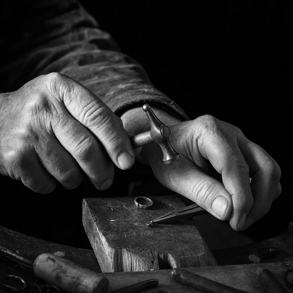 Hands on inherited atelier tools, black and white close-up.