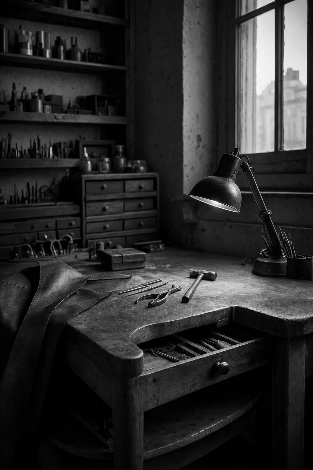 Atelier atmosphere in black and white, editorial photograph.