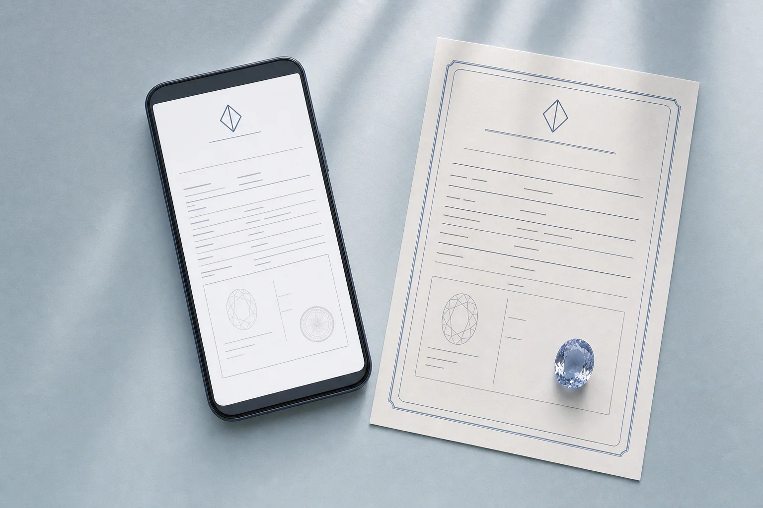 Phone with ÊTRUNE ID, certificate, gemstone