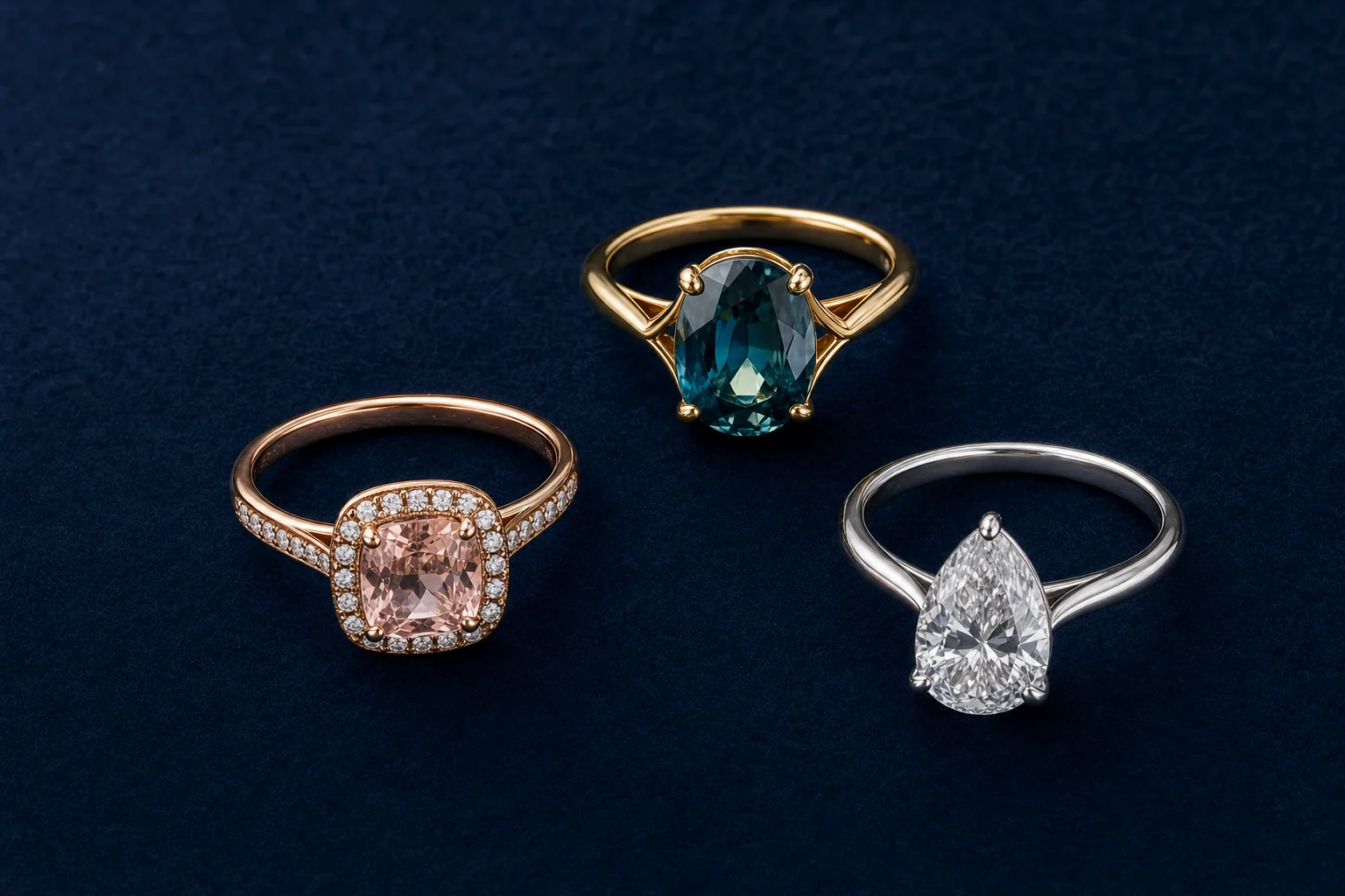 Three curated ÊTRUNE pre-owned rings on velvet