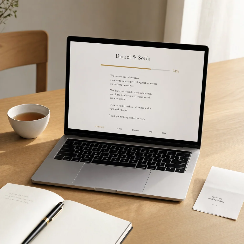 A laptop showing the Private Story interface, intimate framing.