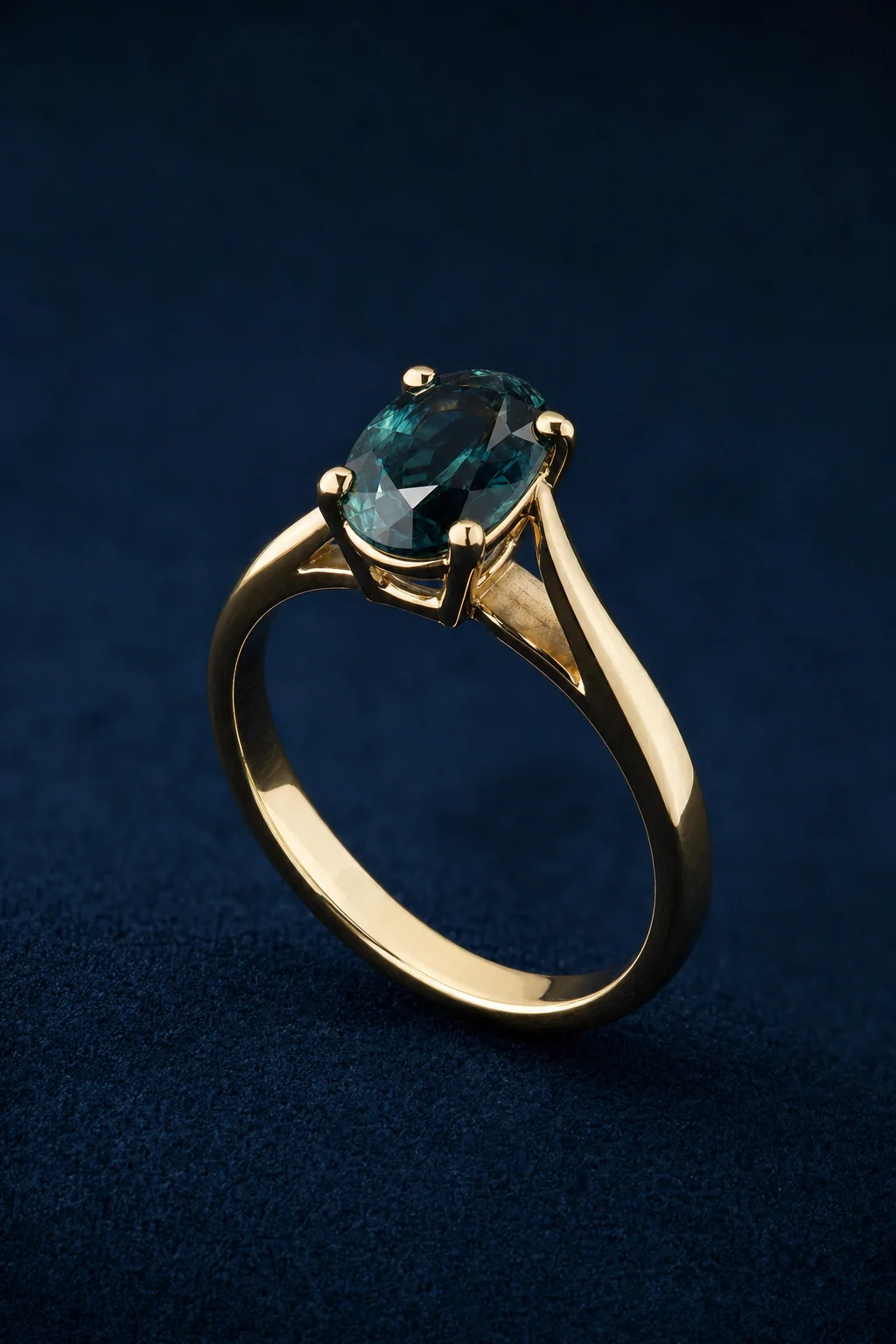 Teal sapphire cathedral solitaire on velvet