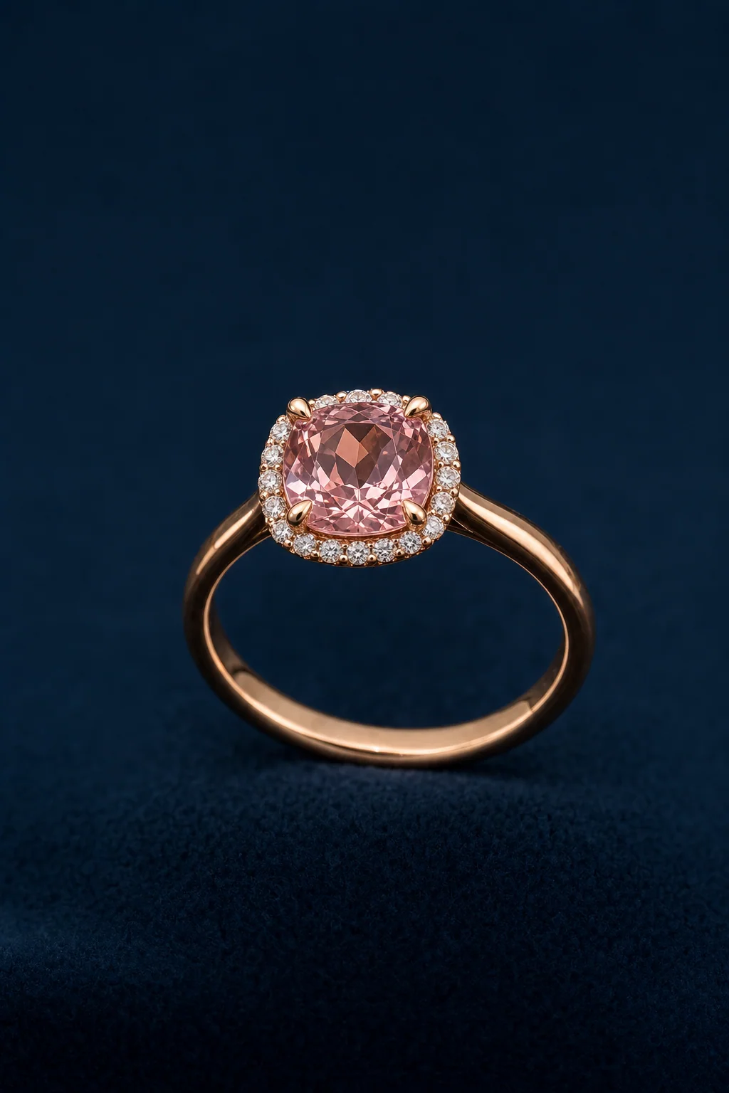 Pink morganite halo ring on velvet