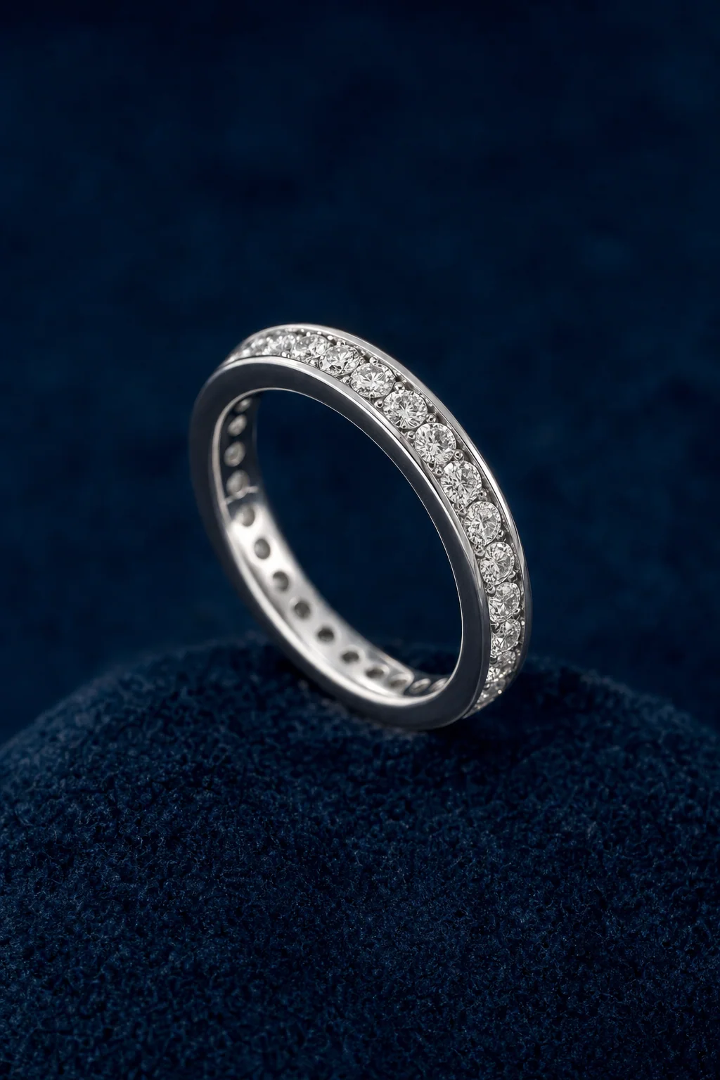 Pre-owned ÊTRUNE eternity diamond band on dark velvet.