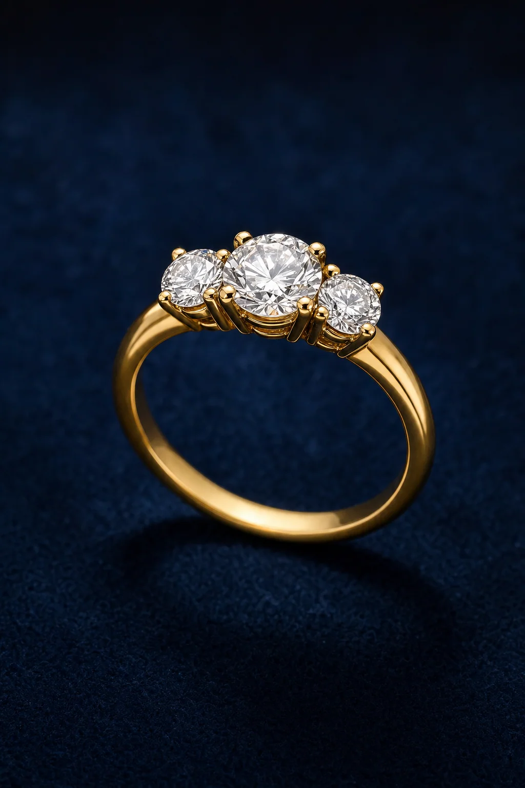 Pre-owned ÊTRUNE three-stone ring on dark velvet.